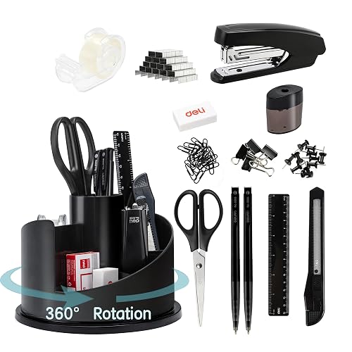 deli Office Supplies Set, Desk Accessory Organizer Kit, Black | Stationary Set, Desk Supplies with Rotating Multi-Functional Pen Holder &Stapler Set for Office, School, Home
