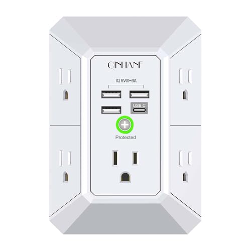 Wall Charger, Surge Protector, QINLIANF 5 Outlet Extender with 4 USB Ports | 1680 Joues, 3-Sided Power Strip, Multi Plug Wall Outlet Adapter Spaced for Home Travel Office