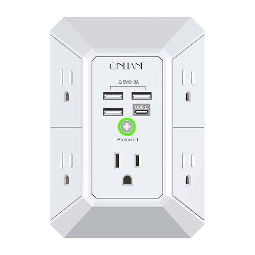 Wall Charger, Surge Protector, QINLIANF 5 Outlet Extender with 4 USB Ports | 1680 Joules, 3-Sided Power Strip, Multi Plug Wall Outlet Adapter Spaced for Home Travel Office, White