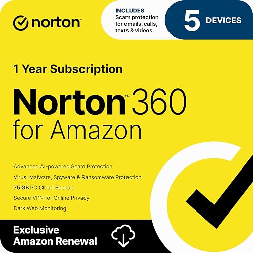 Norton 360 for Amazon Antivirus, 5 Devices, Auto-Renews [Subscription] | Includes AI Scam Protection Pro, VPN & Dark Web Monitoring & PC Cloud Backup; Activation Required
