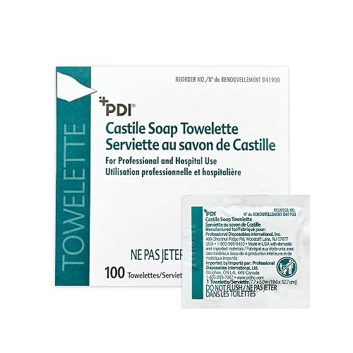PDI Castile Soap Towelette, 1 Box of 100 Individually Wrapped 7.7"x5" Wipes, Gentle Soap Cleansing Towelettes for Personal Hygiene, Hand & Facial Cleaning, Travel & Patient Care