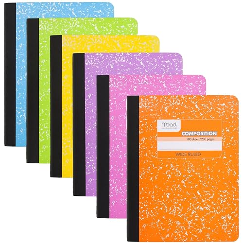 Mead Composition Notebook, Wide Ruled 7.5" x 9.75" Paper, 100 Sheets, Assorted Colors, 6 Pack (950054-ECM)