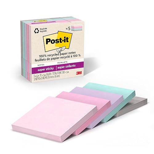 Post-it 100% Recycled Super Sticky Notes, 3 x 3 in, Pastels, 5 Pads | School Supplies and Office Products, 2X the Sticking Power