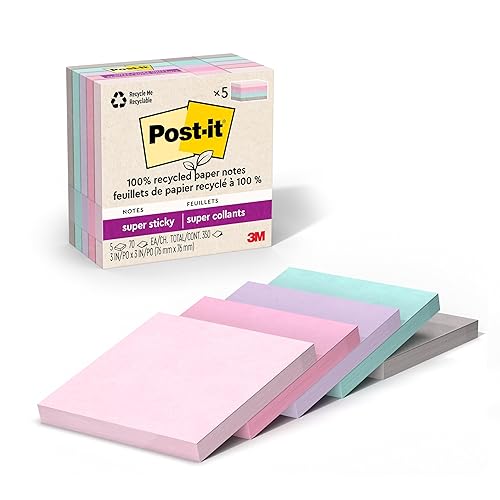 Post-it 100% Recycled Super Sticky Notes, 3 x 3 in, Pastels, 5 Pads | School Supplies and Office Products, 2X the Sticking Power