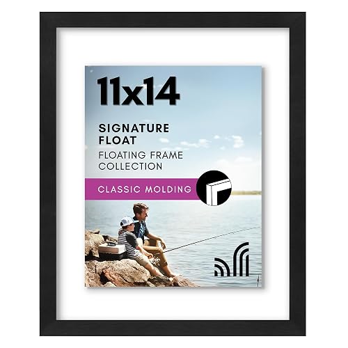 Americanflat 11x14 Floating Picture Frame with Polished Crystal-Clear Glass - Use as 8x10 Picture Frame or Display 5x7 Photo - Signature Float Collection - Photo Frames for Wall Display - Black | Photo floats between crystal-clear glass, hangs vertical or horizontal, sawtooth hangers included