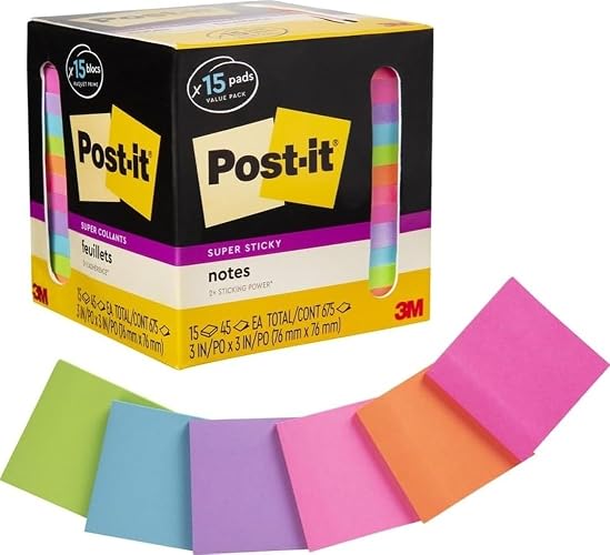 Post-it Super Sticky Notes, 3 x 3 in, Assorted Brights, 15 Pads | School Supplies and Oﬃce Supplies, 2X the Sticking Power