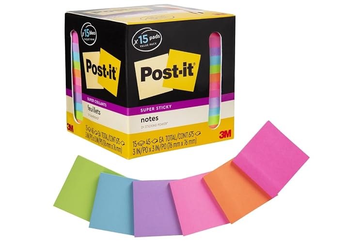Post-it Super Sticky Notes, 3 x 3 in, Assorted Brights, 15 Pads | School Supplies and Oﬃce Supplies, 2X the Sticking Power