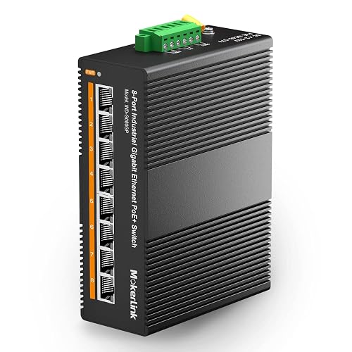 MokerLink 8 Port PoE Gigabit Industrial DIN-Rail Ethernet Switch, 96W PoE+ Power, 16Gbps Switching Capacity, IP40 Rated Unmanaged Network Switch (-40 to 185°F), with Power Supply