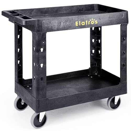 ELAFROS 2-Tier Utility Rolling Cart, 34 x 17 in, 5" Swivel Wheels, 550lb | Deep Tub Shelves, Plastic Service Cart, Work Cart, Tool Cart, Tub Storage Organizer, Warehouse Garage Cleaning Supplies