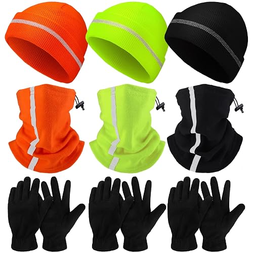 Eurzom 9 Pcs Reflective Beanie Set | Beanie Hat Scarf Glove ,High Visibility Safety Beanie Hat, Winter Reflective Neck Gaiter Beanie Gloves,Outdoor Work Running