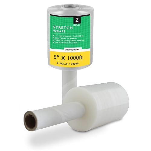 2 Pack Mini Hand Stretch Wrap 5" 1000 Ft Rolls PackageZoom Industrial Strength Clear Plastic Wrap for Box, Furniture Wrapping, 55 Gauge Shrink Wrap for Moving & Packing