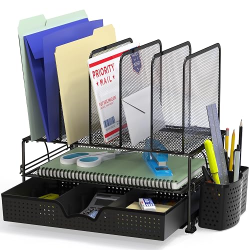 Simple Houseware Desk File Organizer for Office Supplies w/Drawer, Black | Double Tray, Pencil Holder, and 5 Upright Sections with Sliding Drawer