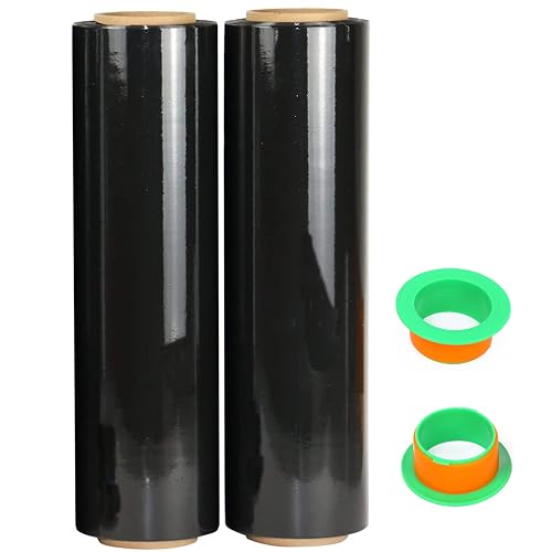 2-Pack Black Stretch Wrap 18" x 1000 Feet 80 Gauge Industrial Strength with Plastic Handle, Plastic Pallet Supplies Durable Self-Adhering for Packing, Moving, Heavy Duty Shrink Film Rolls