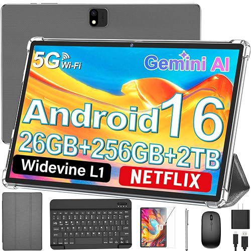 Android 16 Tablet with Keyboard - 10 Inch Electronic Tablets, Silver Case | 26GB RAM, 256GB ROM, Gemini AI, 8000mAh Battery, 8-Core, Dual Camera, 5G WiFi, Tablet with Case/Mouse/Stylus