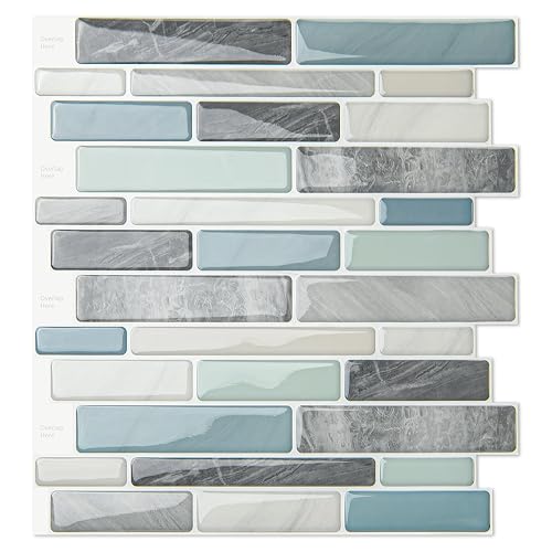 WOWSTAR 10-Sheet Peel and Stick Backsplash Tile for Kitchen, Back Splash Stick On Tiles for Kitchen Wall (Grey and Blue) | Peel and stick backsplash, self-adhesive wall tile, Grey and Blue, waterproof, kitchen bathroom wall, 10-sheet