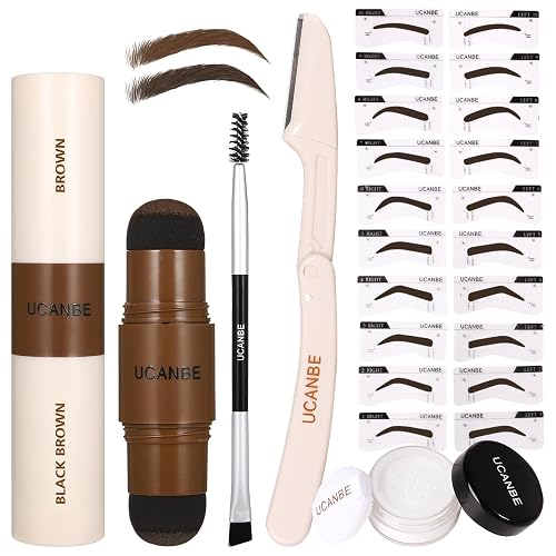 UCANBE 25PCS Eyebrow Stamp Stencil Kit With Dual-Color Eyebrow Stamp Pomade,20 Reusable Eyebrow Stencils,Finising Powder,Brush,Eyebrow Razor,Zipper Pouch,Waterproof Eye Brow Stamping and Shaping Kit05