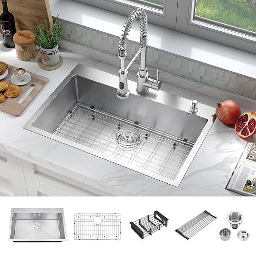 ATTOP 33 Inch Large Single Bowl Drop in Kitchen Sink | Nano Coating, Stainless Steel, Handmade, Single Bowl, Topmount Kitchen Sink