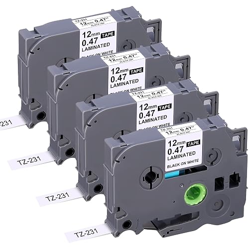 TZE-231 Compatible Label Tape Replacement for Brother TZe-231 TZ-231, Black on White, Compatible for P Touch PT-D200 PT-D210 PTH100 PT-D400, 0.47" x 26.2'(12mm x 8m), 4 Packs