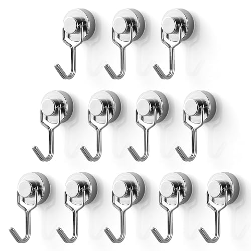 BTLIN Mini Magnetic Hooks, Strong Neodymium Magnet with Small Hook | Lightweight Metal Hanging Hook, Max Load 20 lbs for Kitchen Fridge Grill Office Garage 12 Pack