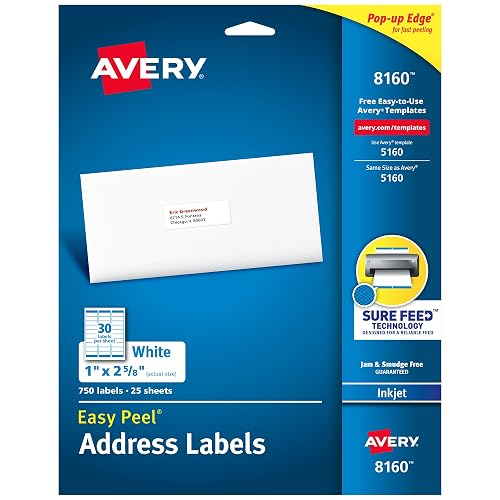 Avery Easy Peel Address Labels, Inkjet Printers, White, 1" x 2-5/8", Box of 750 Labels (08160)