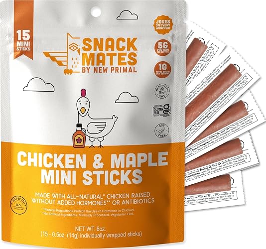 New Primal Snack Mates Chicken & Maple Mini Meat Sticks, 15 Count | School Snacks for Kids, 5g Protein, 1g Sugar, Gluten Free, Soy Free, Paleo, Lunchbox, Healthy, Jerky Stick