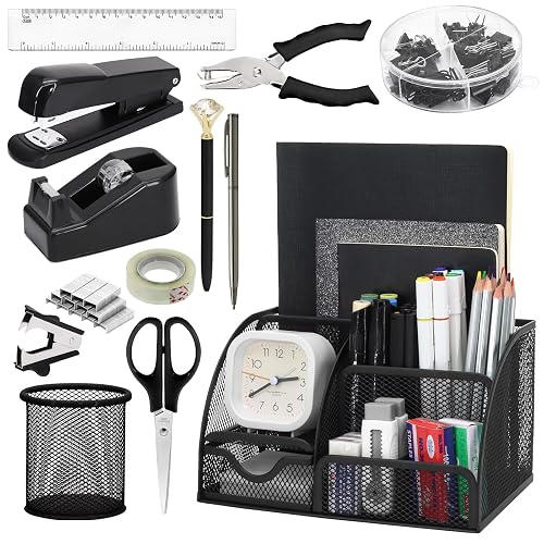 13-in-1 Office Desk Organizer Set for Back to School Supplies Accessories | Organizer Set with Stapler and Tape Dispenser, Pen Holder, Scissors, Ruler, Hole Punch, 2 Pens & More Desk Supplies