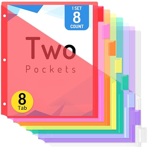 Forvencer 8 Count Dividers with 2 Pockets,8 tabs Binder Dividers with tabs | Dividers for 3 Ring Binder Organizer,School Supplies, Multicolor, 1 Set