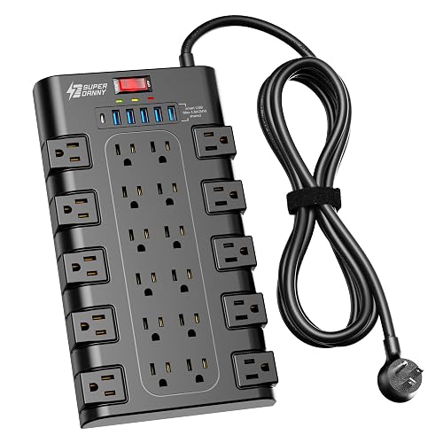 SUPERDANNY Power Strip Surge Protector, 22 AC 6 USB, 2100J, 6.5Ft,1875W/15A | 5A1C, Heavy Duty Extension Cord with Multiple Outlets, Flat Plug Outlet Extender for Home, Office, Dorm, Gaming Room, Black