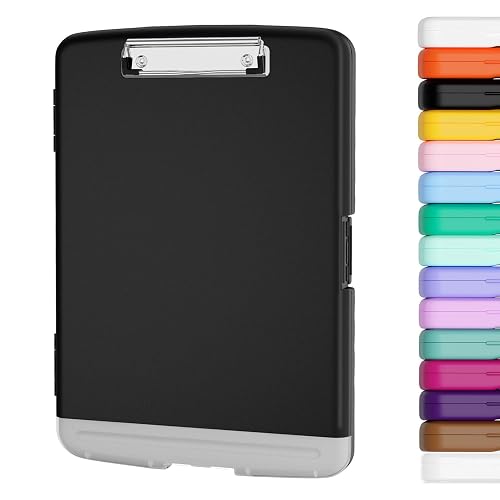 Piasoenc Clipboard with Storage, 8.5 x 11 Clip Board with Pen Holder, Black | High Capacity, Heavy Duty Plastic Organization Box for A4 Legal Paper Folder, Folio & Side-Opening Nurses, Teachers, Student
