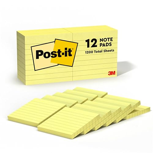 Post-it Notes, 3 x 3 in, The Iconic Canary Yellow Note, 12 Lined Pads | School Supplies and Office Products