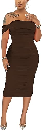 Fooullaide Women's Sexy Off Shoulder Sleeveless Bodycon Ruched Midi Dress | Stretchy, Breathable, Mesh, Not See-Through, Elegant,Formal Gown, Cocktail, Evening, Party, Night Out Tube Dresses