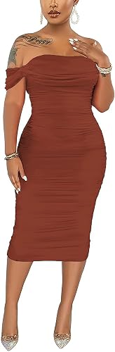 Fooullaide Women's Sexy Off Shoulder Sleeveless Bodycon Ruched Midi Dress | Stretchy, Breathable, Mesh, Not See-Through, Elegant,Formal Gown, Cocktail, Evening, Party, Night Out Tube Dresses