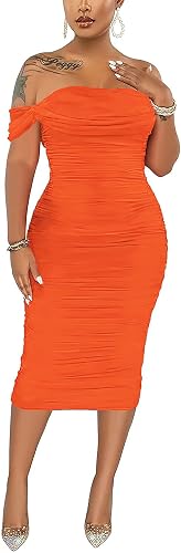 Fooullaide Women's Sexy Off Shoulder Sleeveless Bodycon Ruched Midi Dress | Stretchy, Breathable, Mesh, Not See-Through, Elegant,Formal Gown, Cocktail, Evening, Party, Night Out Tube Dresses