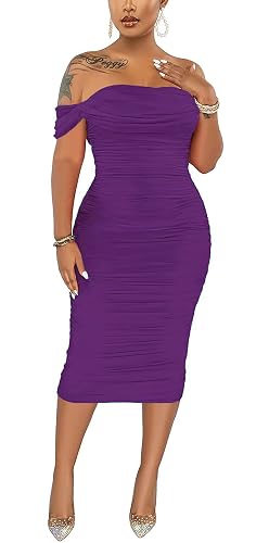 Fooullaide Women's Sexy Off Shoulder Sleeveless Bodycon Ruched Midi Dress | Stretchy, Breathable, Mesh, Not See-Through, Elegant,Formal Gown, Cocktail, Evening, Party, Night Out Tube Dresses