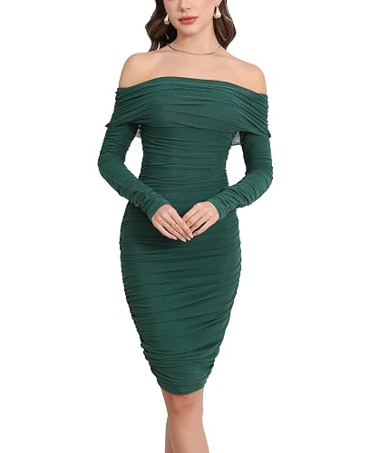 Fooullaide Women's Sexy Off Shoulder Sleeveless Bodycon Ruched Midi Dress | Stretchy, Breathable, Mesh, Not See-Through, Elegant,Formal Gown, Cocktail, Evening, Party, Night Out Tube Dresses