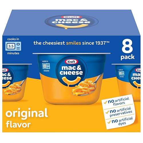 Kraft Mac and Cheese Dinner, 8 Microwaveable Cups, Original, 2.05 oz | for Easy Dinner or Dinner Sides No Artificial Flavors, Preservatives or Dyes
