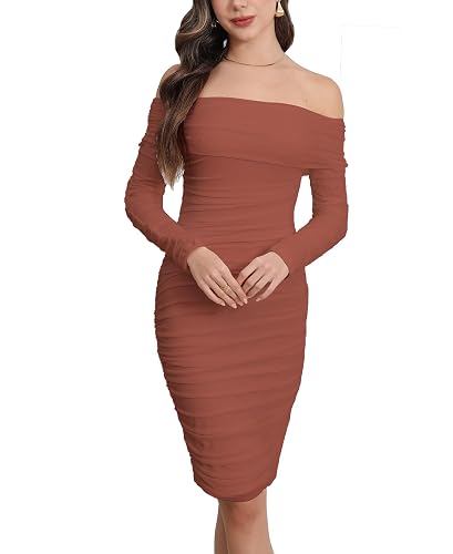 Fooullaide Women's Sexy Off Shoulder Sleeveless Bodycon Ruched Midi Dress | Stretchy, Breathable, Mesh, Not See-Through, Elegant,Formal Gown, Cocktail, Evening, Party, Night Out Tube Dresses