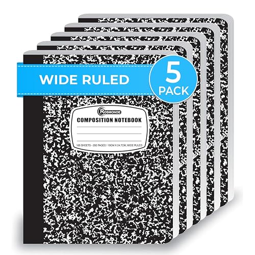 Rosmonde 5 Pack Wide Ruled Composition Notebook, Black Marble Notebooks | Wide Ruled Notebook, 200 Pages (100 Sheets), 9-3/4 x 7-1/2, Hard Cover Notebooks for School, College & Office Supplies