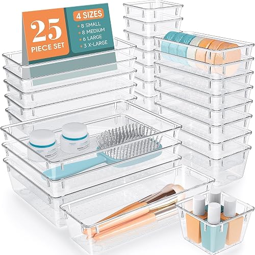 25 PCS Clear Plastic Drawer Organizer, Makeup Organizers and Storage Bins | 4 Sizes Desk Drawer Divider Organizers and Storage Bins for Makeup, Jewelry, Gadgets for Kitchen, Bedroom, Bathroom, Office