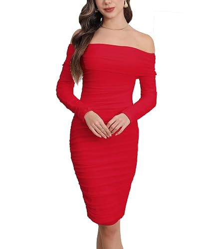 Fooullaide Women's Sexy Off Shoulder Sleeveless Bodycon Ruched Midi Dress | Stretchy, Breathable, Mesh, Not See-Through, Elegant,Formal Gown, Cocktail, Evening, Party, Night Out Tube Dresses