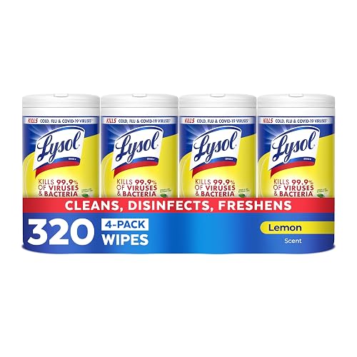Lysol Disinfecting Wipes, Multi-Surface Cleaner, Lemon, 80 ct. (4 Pack) | All Purpose Cleaner, Sanitizing, Deodorizing, Apartment Essentials, Back To School Cleaning Supplies, Kitchen & Bathroom Wipe