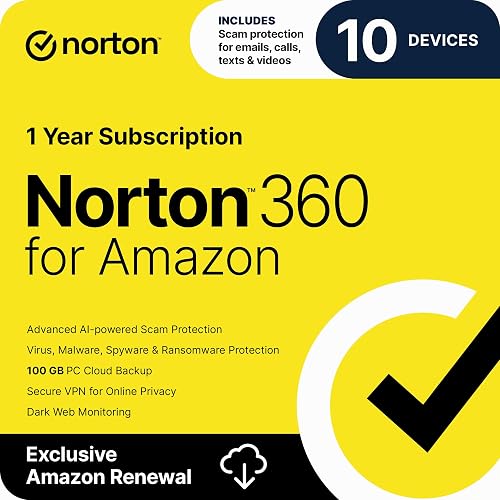 Norton 360 for Amazon, Antivirus software for up to 10 Devices with Auto Renewal - Includes Scam Protection Pro, VPN & Dark Web Monitoring [Subscription]