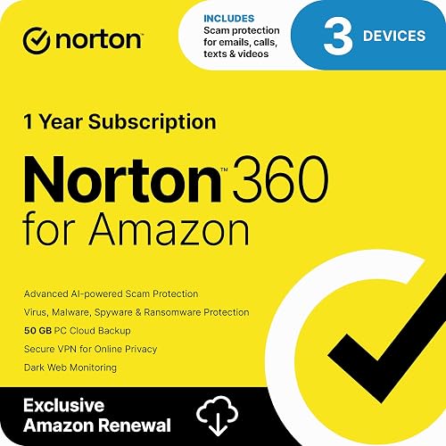 Norton 360 for Amazon, Antivirus software for up to 3 Devices with Auto Renewal - Includes Scam Protection Pro, VPN & Dark Web Monitoring [Subscription]