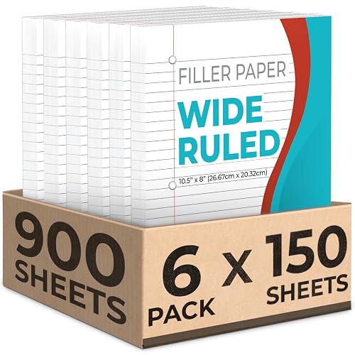 Rosmonde 900 Sheets Loose Leaf Paper, 6 Pack, Wide Ruled Filler Paper | Bulk Office Filler Paper, 8" x 10.5", 3 Hole Punched, 150 Sheets/Pack, Wide Ruled Notebook Paper for Binder, White