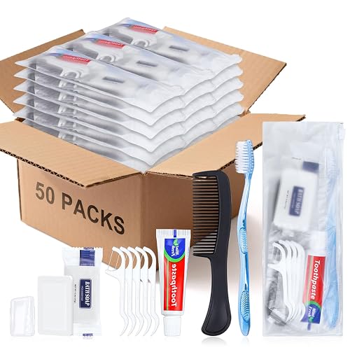 HQSLsund 50 Sets Personal Hygiene Kit Basic Toiletry Kits Homeless Supplies | Bulk for Women,Men,Travel,Charity,Business Include 50 Toothbrush, 50 Toothpaste, 50 Comb, 50 Bath Soap and 250 Floss Picks