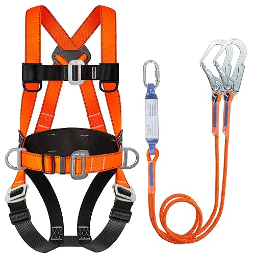 DIJJIG Full Body Safety Harness Kit OSHA/ANSI Compliant for Roofing | Includes internal shock-absorbing lanyard, orange harness for construction, durable and ready for fall protection