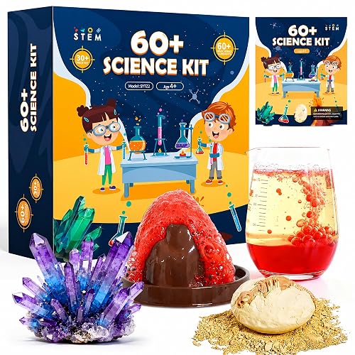 Melican 60+ Science Experiment Kit for Kids Ages 4 5 6 7 8+ | S.T.E.M Educational Project Toys for Boys Girls Birthday Gifts Ideas, Volcano, Chemistry Lab Tools Scientist Set