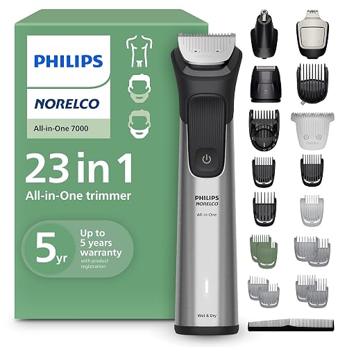 Norelco Philips All-in-One 7000 23-in-1 Trimmer, Face, Hair & Body, Steel | Beard Styler, Nose, Detail & Body Trimmer, Hair Clipper, Ti Blades, T-Blade, 26 lengths, 5-Hr Runtime, Showerproof, MG7970/49