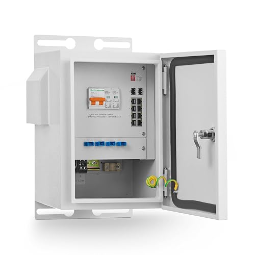 MokerLink Indoor/Outdoor Industrial Enclosure with Integrated 8 Port Gigabit PoE+, 2 Port 1000BASE SFP Switch, IEEE802.3af/at POE 246W Power Supply, Plug and Play, Metal IP65 Case, -40 to 158°F