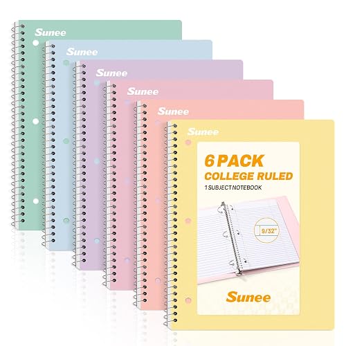 SUNEE Spiral Notebooks, 6 Pack, 1-Subject, College Ruled Paper, 8" x 10-1/2", 70 Sheets per Notebook, Assorted Pastel Colors Spiral Notebooks for School